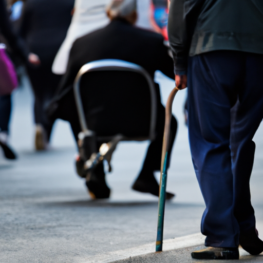 תמונה של אדם משתמש במקל הליכה עם מושב ברחוב הומה אדם, מדגיש את המעשיות שלו.