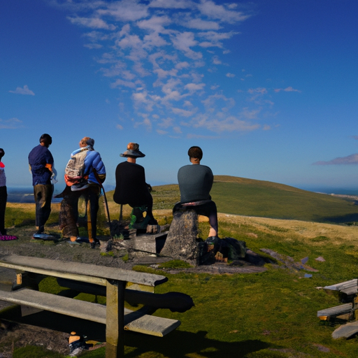 תמונה של קבוצת מטיילים נחה על מקלות ההליכה שלהם עם מושבים בראש ההר.